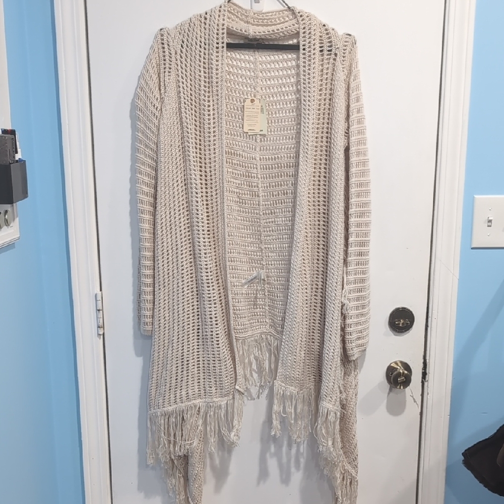 Lucky Brand NEW Cream Knit Duster Open Front Cardigan Boho Fringe Sz Large - Picture 8 of 9